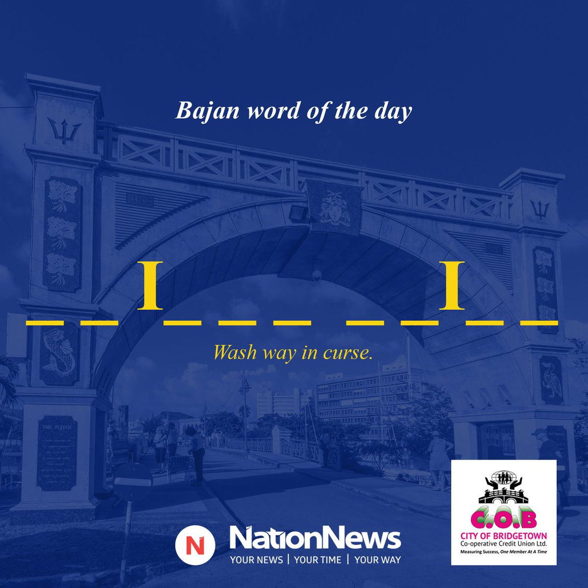 NationBarbados's tweet photo. Guess the Bajan word of the day.
Clue: Wash way in curse.

#ThingsBajan
#Barbados
#Nation246
#Independence
#WordOfTheDay
@cobcreditunion https://t.co/N67FTE1aG7