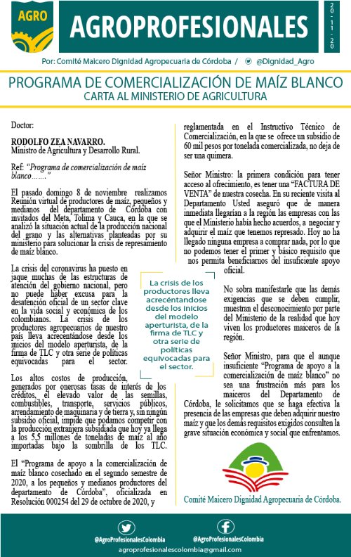 Agro_Profesion's tweet photo. Programa de comercialización de maíz blanco. Carta al @MinAgricultura. Por @Dignidad_Agro 

👇 Me gusta y compartir 👇 https://t.co/H52fTHoGkW