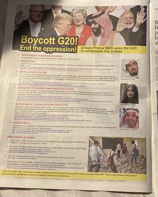 aalodah's tweet photo. اليوم في الصحف الكبرى بأوروبا وأمريكا مثل الجارديان والواشنطن بوست وال إل ايه تايمز وغيرها.. هذا الإعلان لمقاطعة قمة العشرين في السعودية في ظل اعتقال أصحاب الرأي والضمير في السعودية
#G20SaudiArabia
#G20RiyadhSummit
#PENCounterSummit
#G20
#قمه_العشرين https://t.co/57VudVgKQV