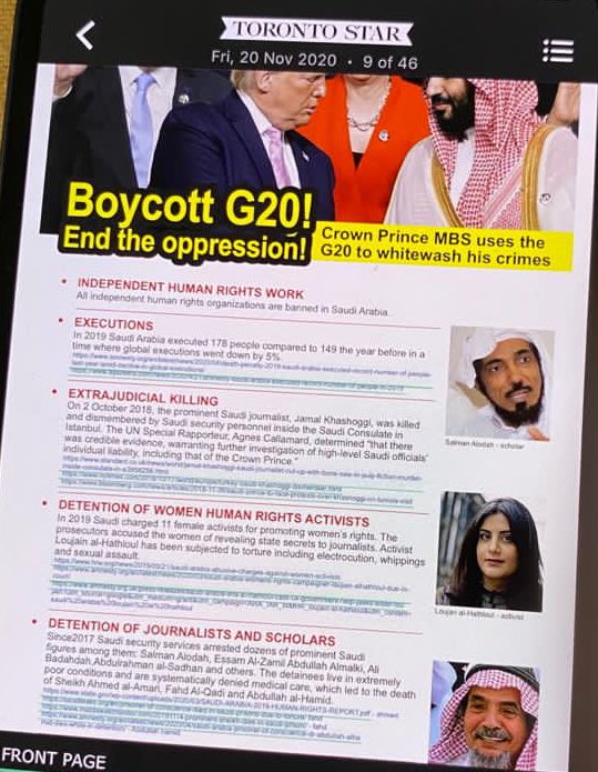 aalodah's tweet photo. اليوم في الصحف الكبرى بأوروبا وأمريكا مثل الجارديان والواشنطن بوست وال إل ايه تايمز وغيرها.. هذا الإعلان لمقاطعة قمة العشرين في السعودية في ظل اعتقال أصحاب الرأي والضمير في السعودية
#G20SaudiArabia
#G20RiyadhSummit
#PENCounterSummit
#G20
#قمه_العشرين https://t.co/57VudVgKQV