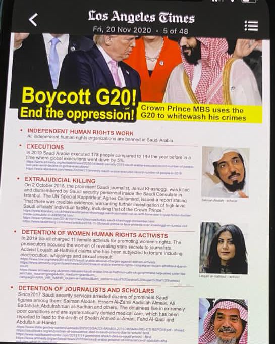 aalodah's tweet photo. اليوم في الصحف الكبرى بأوروبا وأمريكا مثل الجارديان والواشنطن بوست وال إل ايه تايمز وغيرها.. هذا الإعلان لمقاطعة قمة العشرين في السعودية في ظل اعتقال أصحاب الرأي والضمير في السعودية
#G20SaudiArabia
#G20RiyadhSummit
#PENCounterSummit
#G20
#قمه_العشرين https://t.co/57VudVgKQV