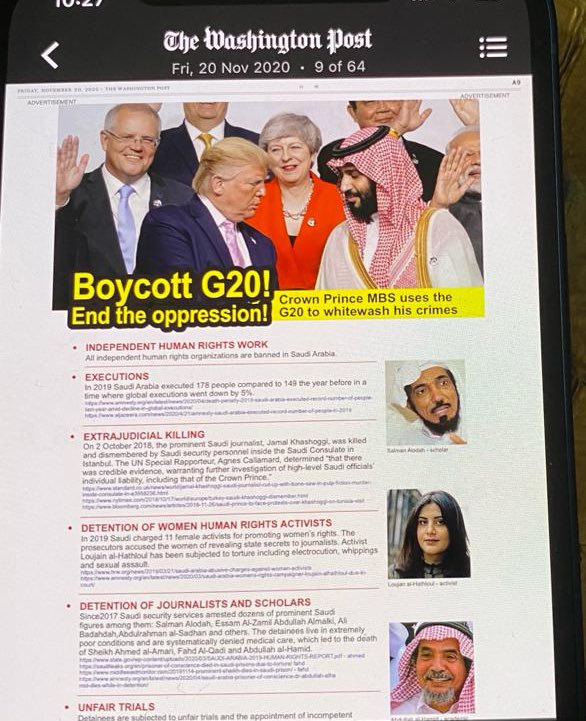 aalodah's tweet photo. اليوم في الصحف الكبرى بأوروبا وأمريكا مثل الجارديان والواشنطن بوست وال إل ايه تايمز وغيرها.. هذا الإعلان لمقاطعة قمة العشرين في السعودية في ظل اعتقال أصحاب الرأي والضمير في السعودية
#G20SaudiArabia
#G20RiyadhSummit
#PENCounterSummit
#G20
#قمه_العشرين https://t.co/57VudVgKQV