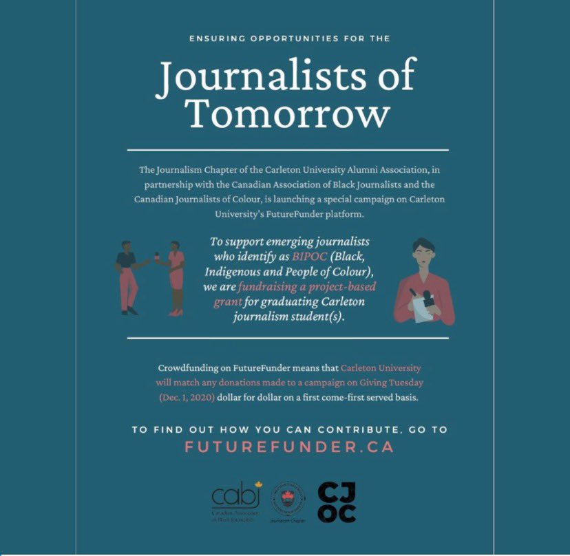 Big news! A new grant has been established to support emerging journalists who identify as BIPOC. Huge thank you to The Journalism Chapter of the Carleton University Alumni Association, Canadian Association of Black Journalists , and Canadian Journalists of Colour. Details below: