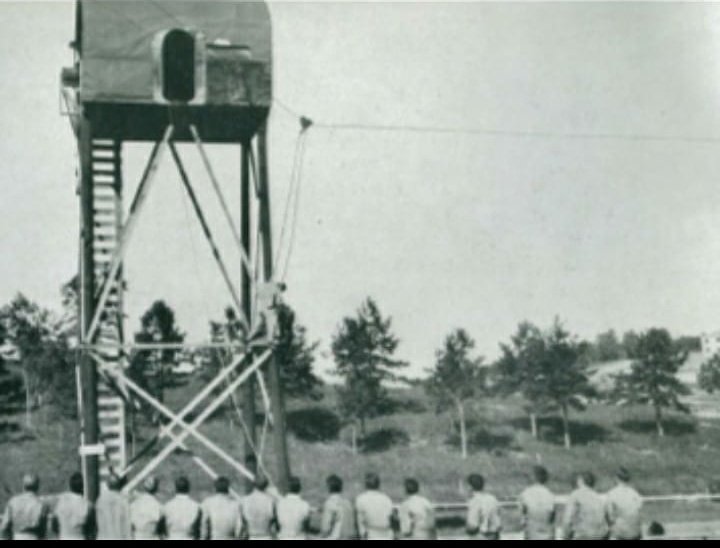 There was the start of parachute training. Paratrooper ground training with 34ft mock up towers, wind machines, how to pack your parachute, how to exit the plane, how to land, and what to do when you landed. Pictured is Burr Smith, Easy Co, in jump training14/