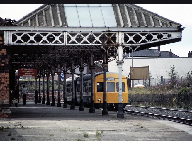 An 80s shot of a rail car departing Thornaby. At present, modern units arrive and depart at a forlorn desolate north platforms waiting on bus shelter style waiting rooms. A real case of running down a station building on purpose to give a reason to demolish.