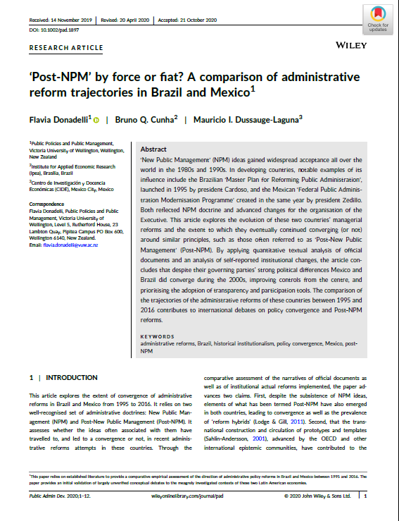 maudussauge's tweet photo. Looking for an exciting weekend reading? Look no further: ‘Post‐NPM’ by force or fiat? A comparison of administrative reform trajectories in Brazil and Mexico. Thanks @fladonadelli and @brunoqcunha for inviting me, and @MartinLodge for introducing us. 
 
https://t.co/kPJfMyR89c https://t.co/EU2XDQkCEu