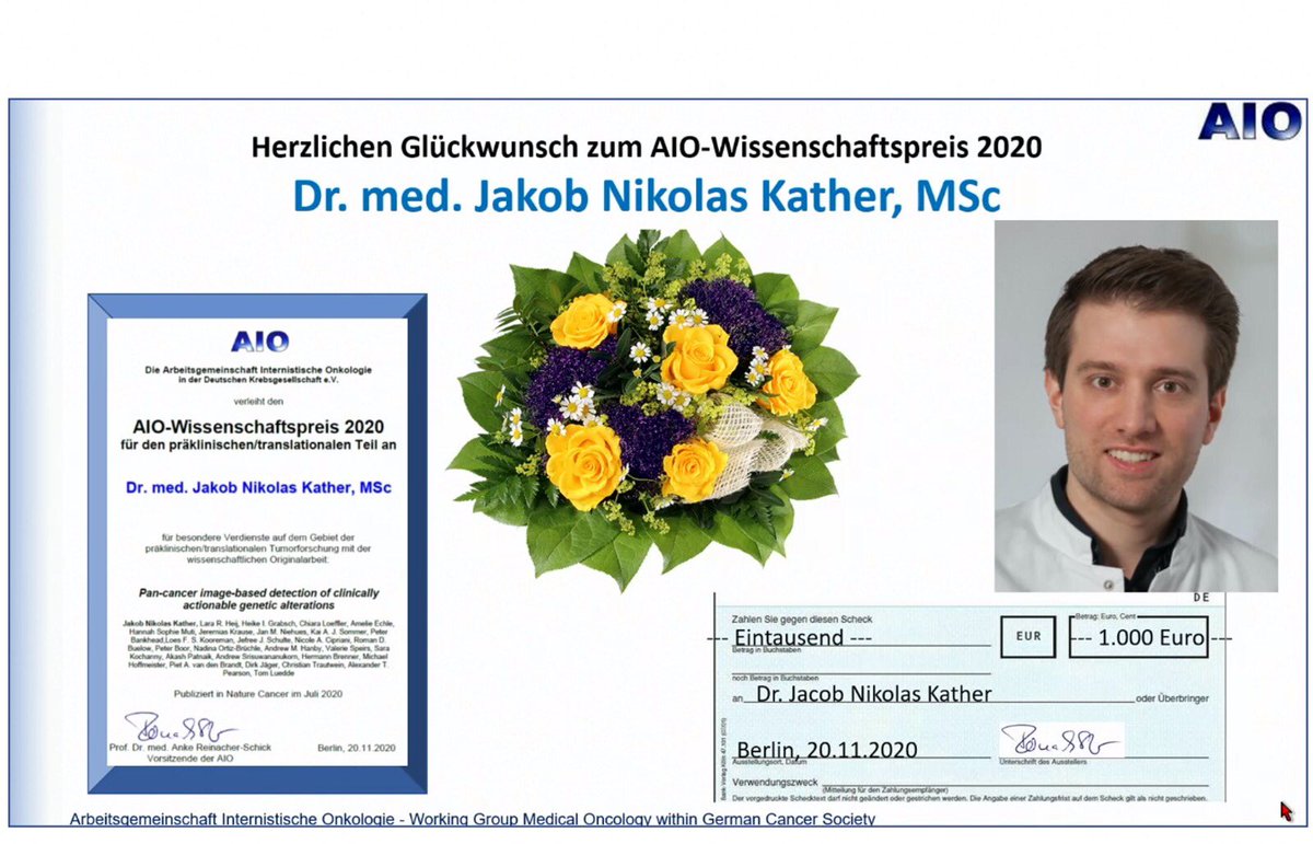 jnkath's tweet photo. Happy to have received the @AIO_Onkologie research award at the (virtual) annual #aio2020 conference today! Thanks to the team & @tom_luedde @lab_pearson @ReinacherAnke @NCT_HD @UniklinikAachen https://t.co/gmCKhYdcxJ