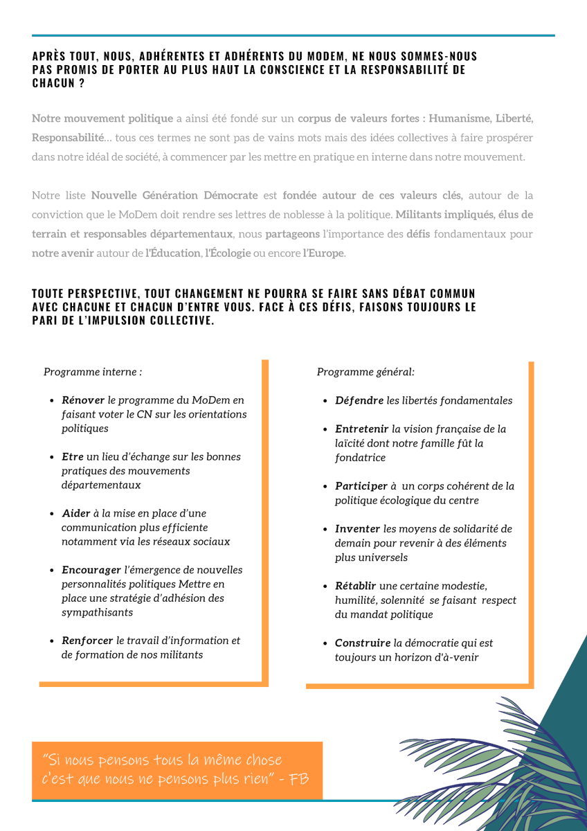 📣 Toute perspective, tout changement ne pourra se faire sans débat commun avec chacune et chacun d’entre vous. ▶️ Découvrez notre candidature pour l'élection du Conseil National du #MoDem ⤵️ #NouvelleGenerationDemocrate #NGDem