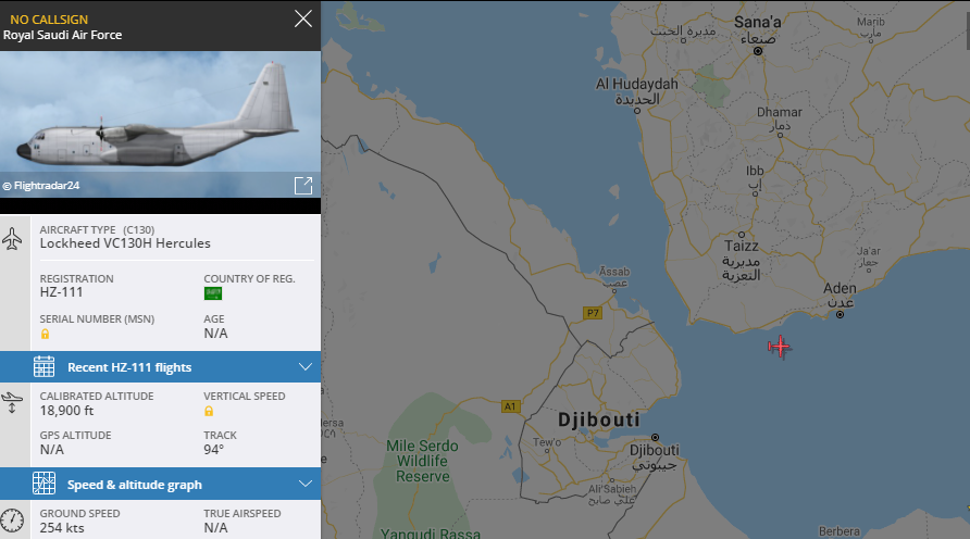 5472_nde's tweet photo. #SaudiAF VC130H of No 1 Sqn Royal Flight, serial HZ111 off coast Aden @ 1333z. #HornOfAfrica https://t.co/HGs6CHgAmM