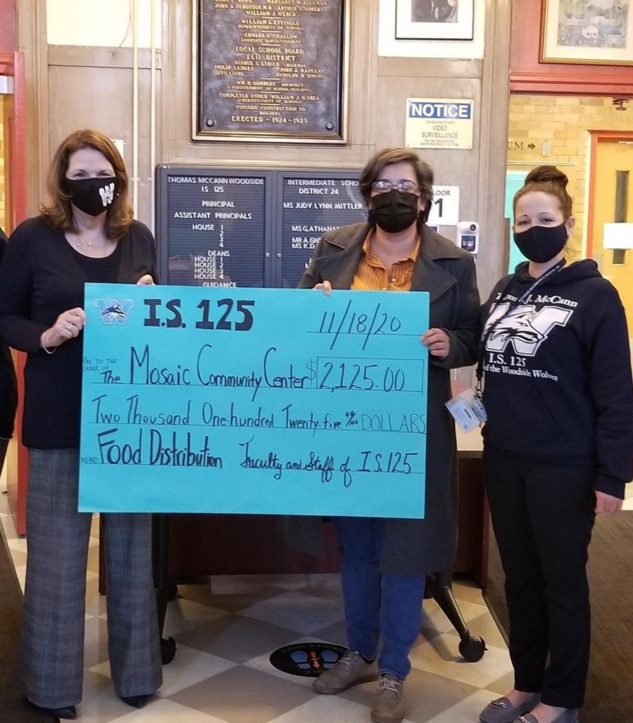 IS125Q's tweet photo. In less than 2 weeks, #is125q staff have raised $2,125 for the Mosaic Community Center for food distribution within our Woodside community. We are so grateful for former PTA President Sofi Moncayo for all that she does to help our families! #woodsidewolves #woodsidestrong 🐺🐺🐺 https://t.co/sgwbfuZ5Wt