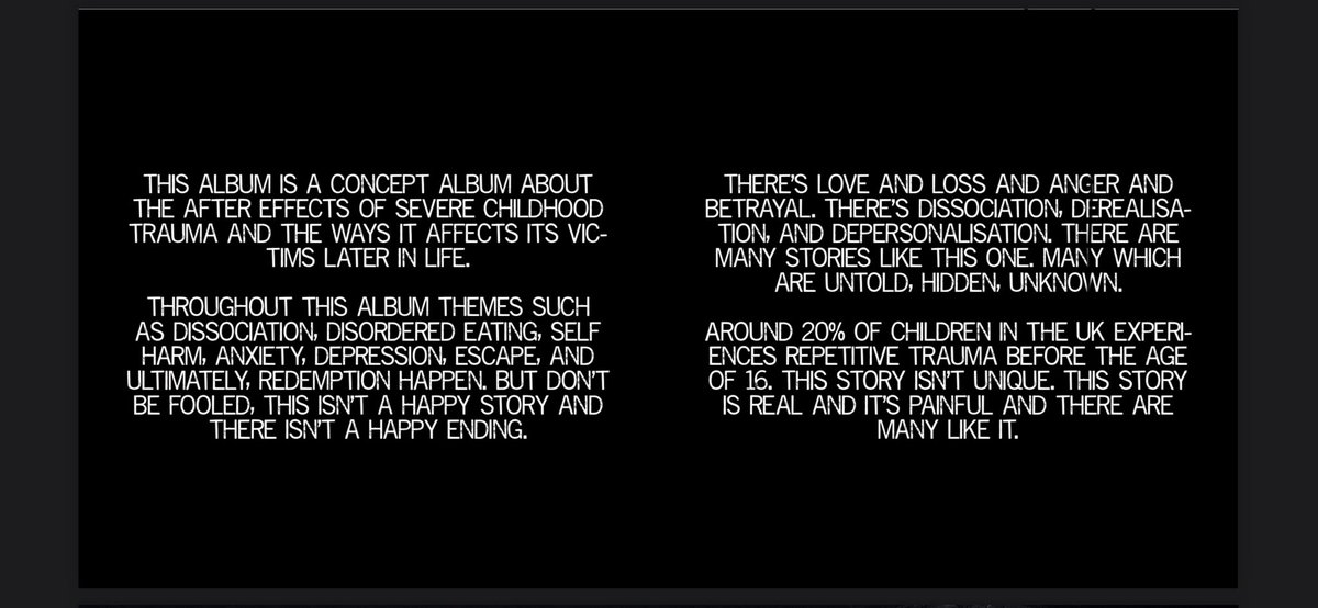 Dear #dissociatwt and #pluralgang, we have written an album on the subject of childhood trauma and its effects on people later in life and we’re wondering if there’s any improvement to be done on our TW pages? These will be in the beginning of the album booklet.