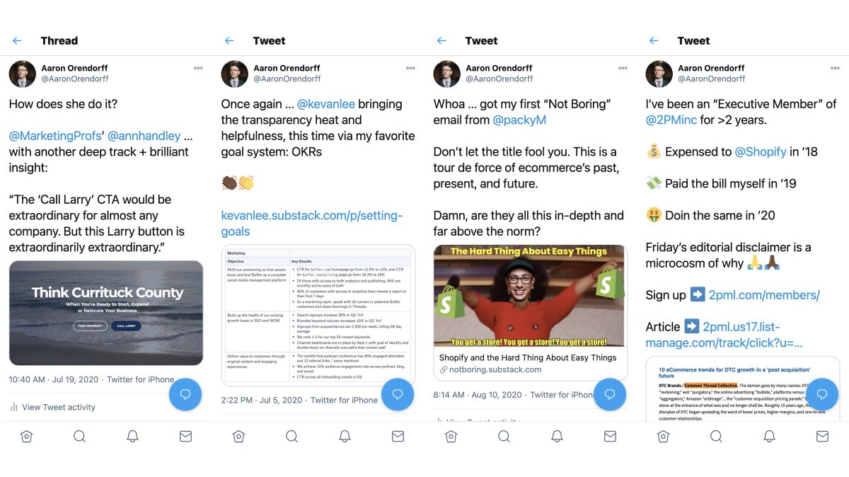 4/ Be sharing … other people’s stuffTake your list and sign up for every email newsletter they run. Create a folder and — pro tip — make a filter to send those emails directly to it.Once a week (or more if you ever come up dry) share something from it and …