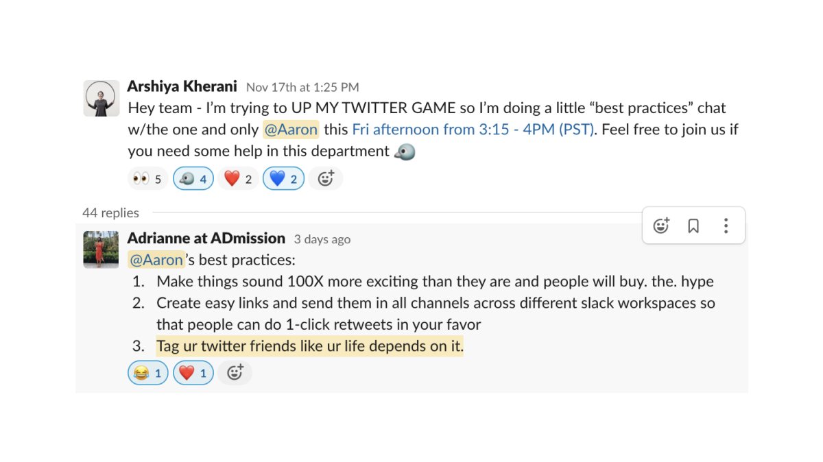 5/ Be “tagging”Tag, tag, tag.  @A_at_admission made fun of me … but she’s dead right. Do it relevantly — direct contributors, etc. Tag using images to save space. But always tag the author and anyone mentioned in an article or any piece of content you didn’t create.