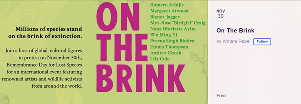 Myself,  @urbanbirder David Lindo,  @BirdgirlUK Mya-Rose Craig & Gillian Burke  @gillians_voice compare  #OnTheBrink – an evening with  @MargaretAtwood,  @GhoshAmitav, & many others to raise awareness of animals at threat of extinction.  #LostSpeciesDay https://www.eventbrite.com/e/on-the-brink-tickets-128515073043