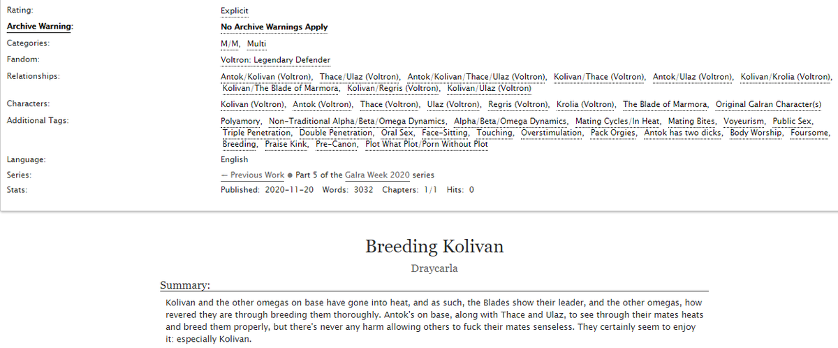 Fufushellhole's tweet photo. #galraweek #kolivan #antok #thace #ulaz #nsfw #omegaverse
Day 5: Polyamory/Harem
https://t.co/6MOgz6xWoy
Breeding Kolivan 

So this fic is just pwp of Kolivan getting fucked by the BoM with omega-buddy Ulaz. Thulaz/Kolitok established. Theres a tasty foursome. Antok has x2 dicks https://t.co/ZBPSBkhZub