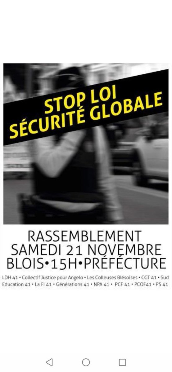 NathanpsB's tweet photo. #PPLSecuriteGlobale #LPR manifestation demain à #Blois 15h devant la préfecture à l'appel de la LDH, colleuses féministes, collectif justice pour Angelo, #CGT41, Sud éducation, @LesInsoumis41 @Generations_41 @npajeune41 #PCF41 PCOF41 @PS_Loir_et_Cher https://t.co/d2hHQIyQYB