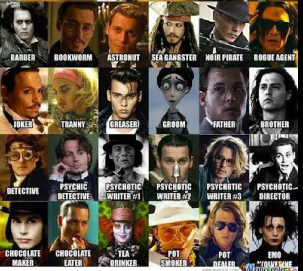 scherzydepp's tweet photo. Imagina essa galera falando que o Johnny Depp faz sempre os mesmos papéis KKKKKKK vcs são tudo louco https://t.co/uI50Qqr42r