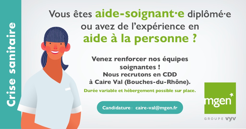 Les patients et résidents ainsi que les équipes des établissements MGEN de Caire Val ont besoin de renforts.
N'hésitez pas à candidater. 
Et à partager ! 
#soignants #aideàlapersonne #recrutement #BouchesduRhône