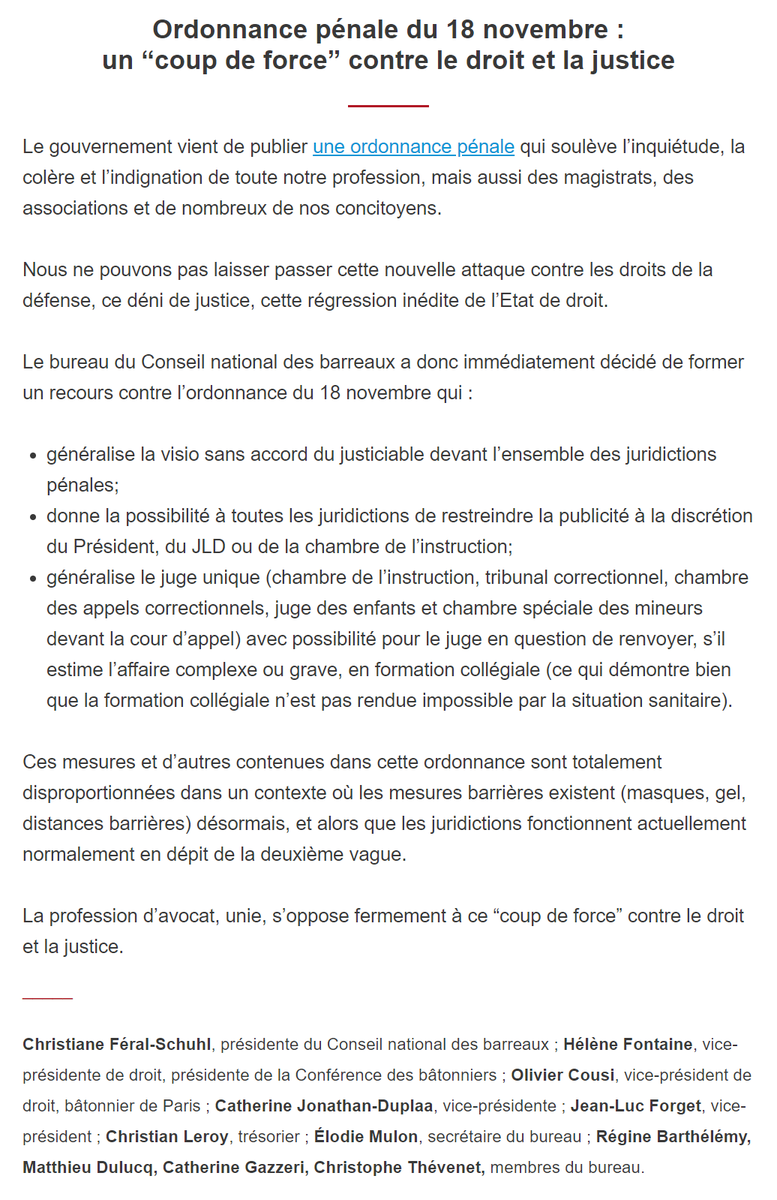 CNBarreaux's tweet photo. 🔴[URGENT] Le bureau du CNB forme un recours contre l’ordonnance pénale du 18 novembre. La profession d’avocat, unie, s’oppose fermement à ce “coup de force” contre le droit et la justice. 

>> https://t.co/rALt8ELrNl https://t.co/NXT0lzlQ77