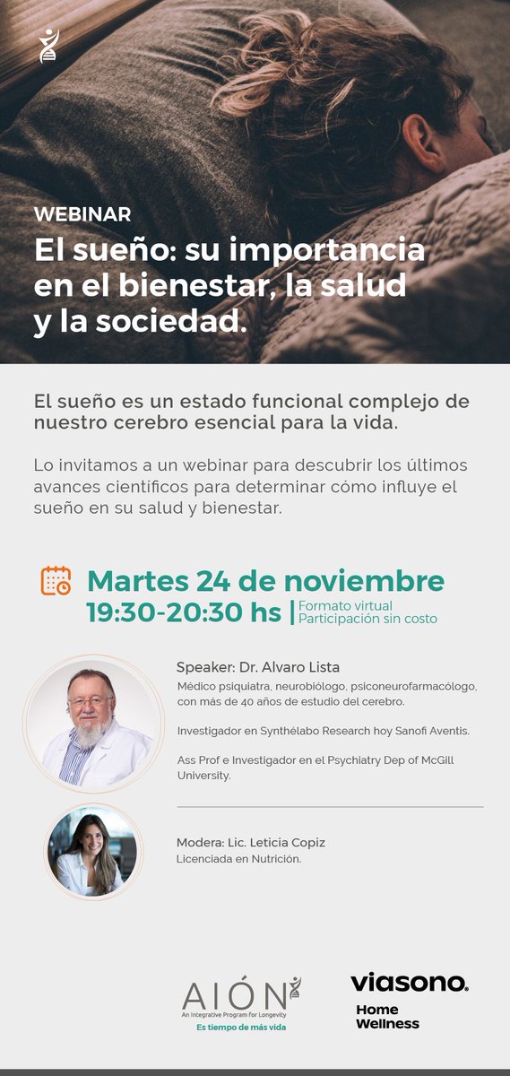 VIASONO's tweet photo. Invitamos a nuestro Webinar junto a AIÓN “El sueño: su importancia en el bienestar, la salud y la sociedad". Próximo Martes 24 de noviembre a las 19:30 a través de una plataforma virtual.  Registro➡️ https://t.co/fmX1mA0tAH https://t.co/bgO3fgpaAD