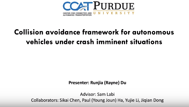 PurdueITE's tweet photo. Thank you, Rayne Du, @PurdueCE Graduate student for the presentation on "Collision Avoidance Framework for Autonomous Vehicles under Crash Imminent Situations" during our weekly seminar. @CCATPurdue https://t.co/NV2A1v4Aut