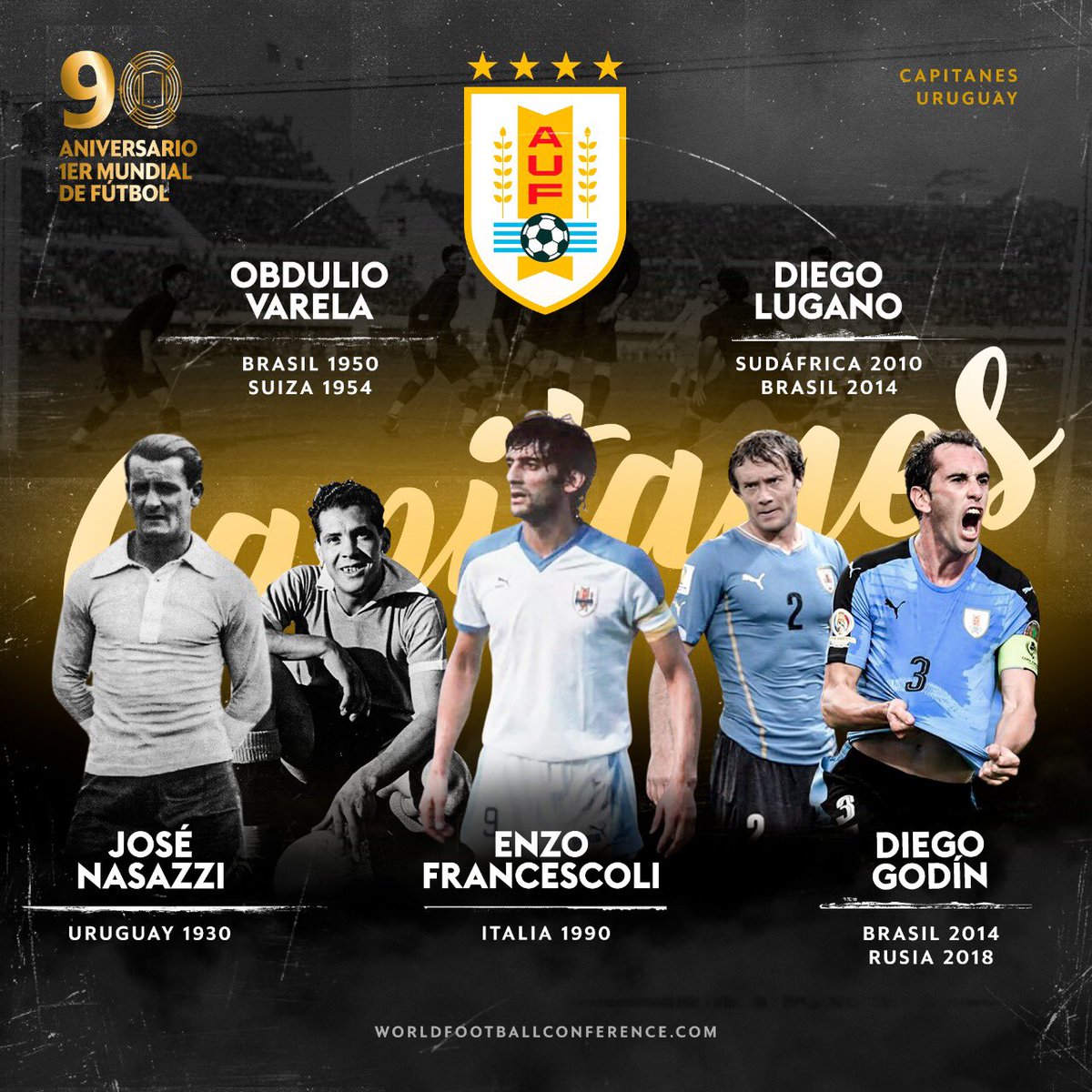 CAPITANES MUNDIALES Una historia enorme de CAPITANES campeones. Hoy Uruguay, talento, garra y pasión. 🇺🇾⚽️
WORLD CAPTAINS A huge legend of champion CAPTAINS.  Today’s Uruguay, a long triumphant story of talent, spirit and passion. #Uruguay #Fútbol #FIFA #WorldCup #Francescoli