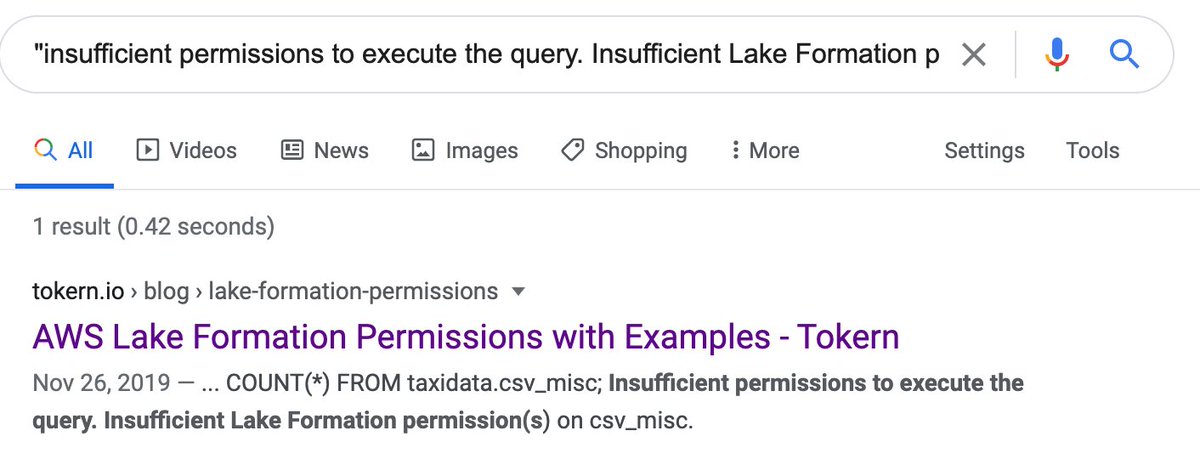 I went through 163 tabs, 3 Slacks, and tagging a bunch of AWS people to still-not-be-able-to-solve this ridiculous Lake Formation IAM infection problem. (more here:  https://twitter.com/Contextify1/status/1326330218710175745)To have the literal message have exactly 1 (third-party) result is unacceptable