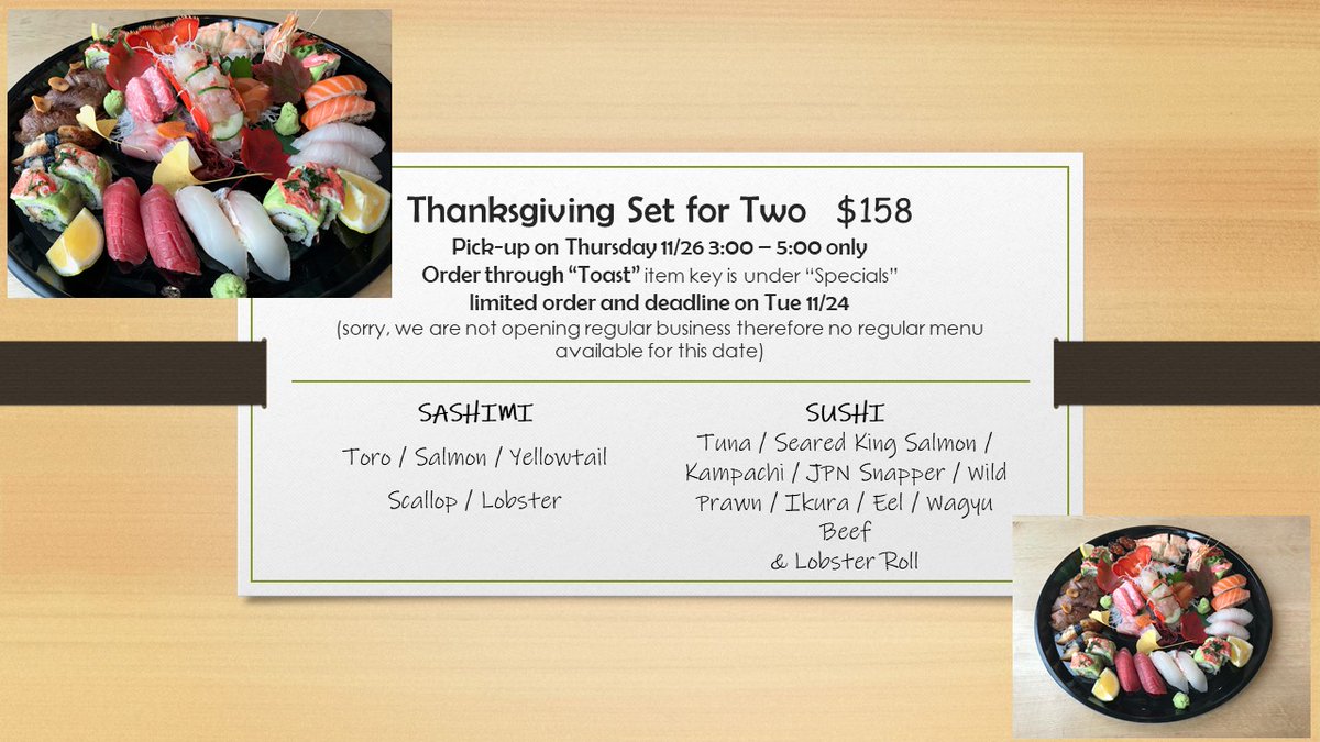 SUSHITARO_DC's tweet photo. Many people will not have traditional Thanksgiving this particular year, so why not to break food/eating tradition too. How about seafood feast instead of dry turkey ?  Give yourself a try. https://t.co/ldAaP4YtvP