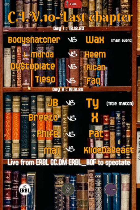 The No. 1 text battle rap league ERBL Presents:
🚨Classic Invitational Series Part 10 : Last Chapter🚨
Saturday  12/19/2020 
Don't miss the last card of the year!

Hit up Classick (<a href="/ERBL_HOF/">Class♠️</a>) to watch live from our group chat. RT/LIKE !! Follow <a href="/ERBLRapBattles/">Earn Respect Battle League(ERBL): Text Rap Battles</a> for more 🔥content!