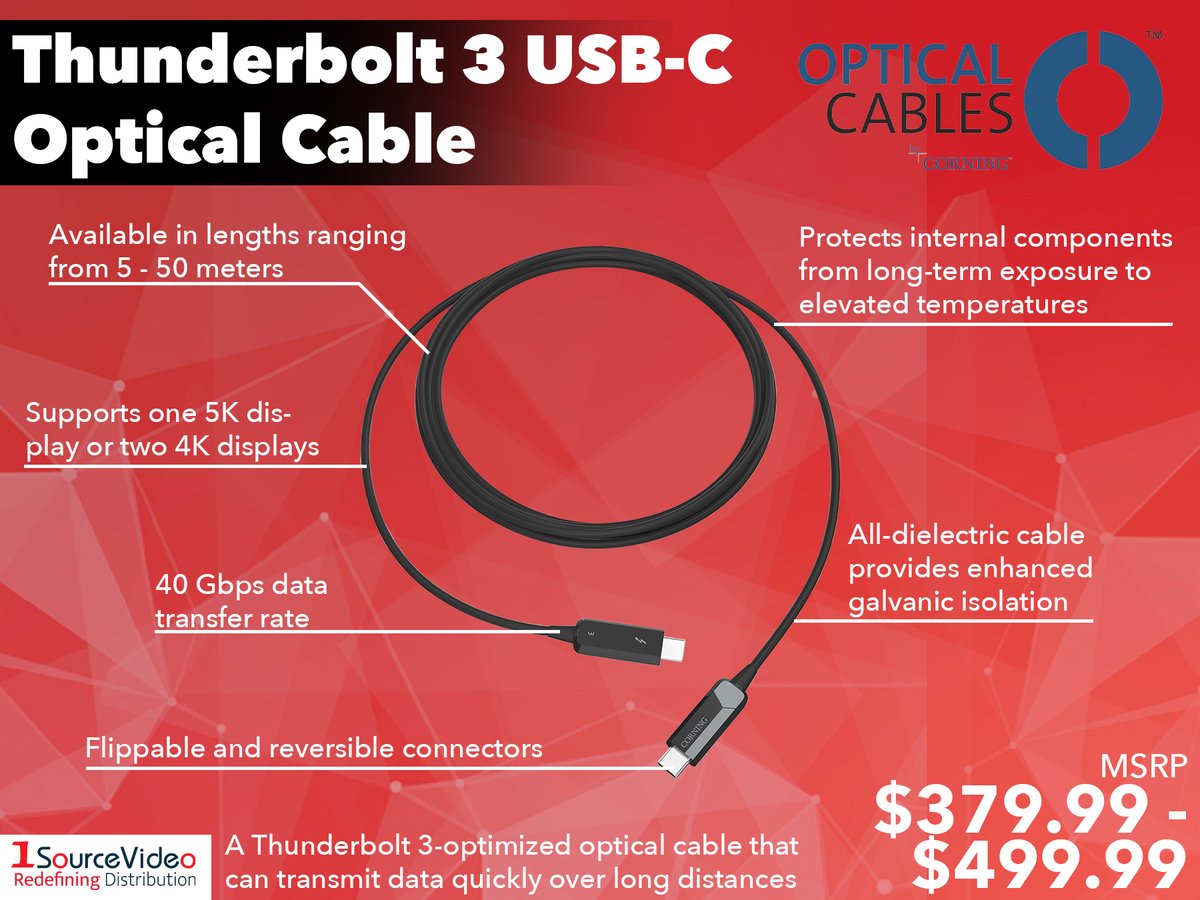 1sourcevideo's tweet photo. These Thunderbolt 3 cables from @Corning are thin, light and remarkably tough!
#Corning #1SourceVideo #RedefiningDistribution #BandH #VP4L #ProFlixSales #EProAV #Markertek #EncoreBroadcastSolutions https://t.co/M80wonK6iY