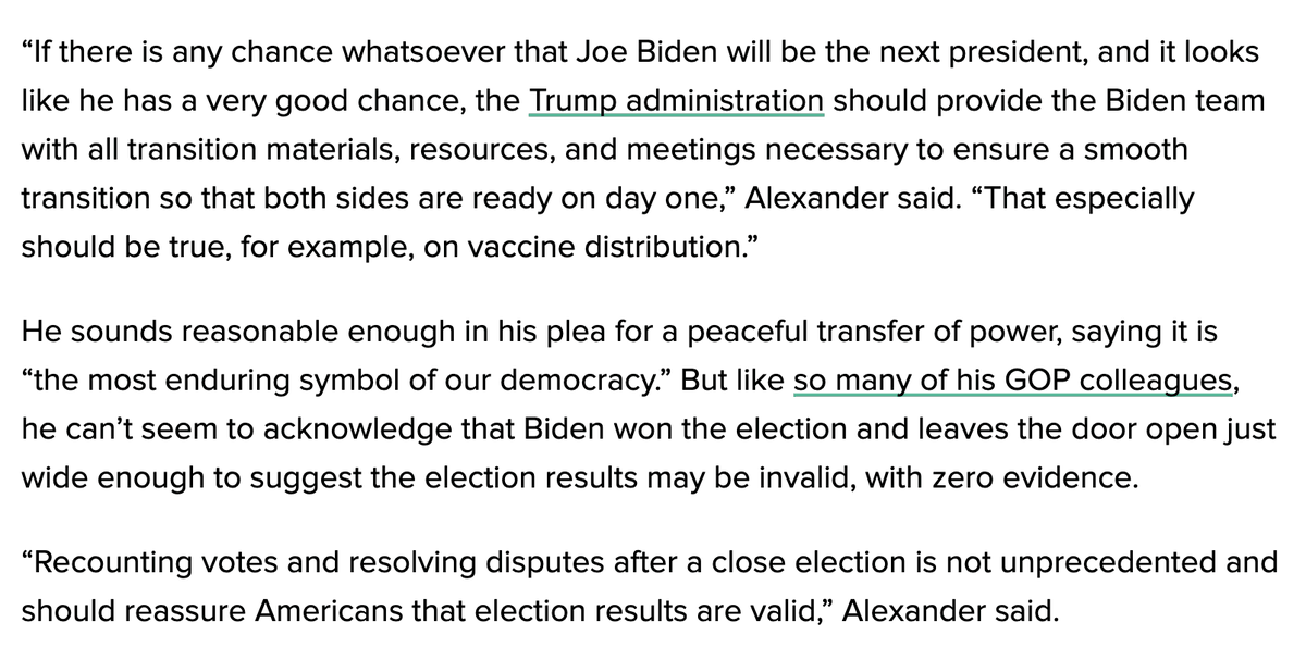 Like here's Sen. Lamar Alexander today. He's trying to have it both ways by appeasing Trump’s ego but vaguely acknowledging how reckless the current situation is.Biden won the election. He knows this. And yet....