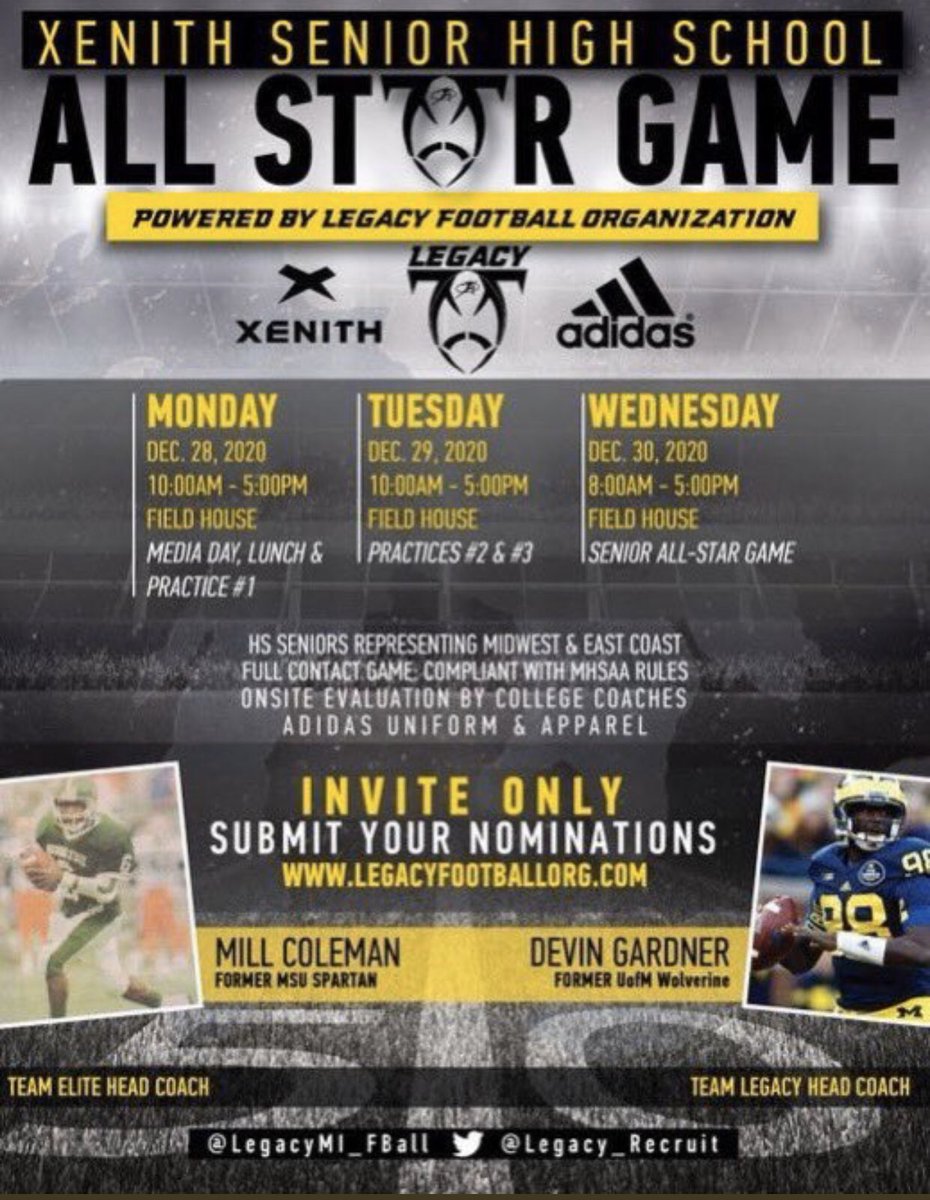 Excited to announce that I have been invited to play in the Legacy All Star Game! <a href="/LegacyMI_FBall/">Legacy Football Organization</a> @legacy_mediagrp <a href="/Legacy_Recruit/">Legacy Recruiting</a> <a href="/TheD_Zone/">The D Zone</a> <a href="/SCHSArmorUp/">Stoney Creek Football</a> <a href="/mdwestathletics/">Midwest Athletics Academy & Events</a>