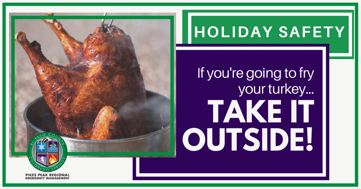 epccolorado_'s tweet photo. Planning to fry a turkey this Thanksgiving? Take it outdoors! 

Never use a turkey fryer indoors, on a wood deck or in a garage. Be sure to have a 3-foot kid-free /pet-free safety zone around the fryer.

#HolidaySafety #TurkeyFrying #ThanksgivingSafety https://t.co/AZwiNvaVUT