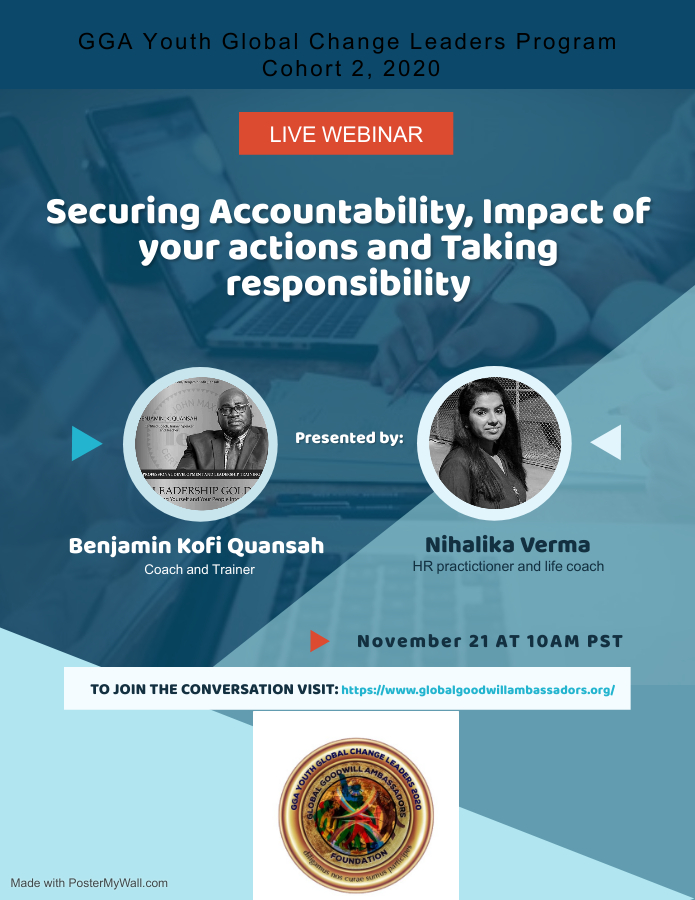 YouthGga's tweet photo. We are almost coming to the end of the GGA Youth Global Change Leaders Program Cohort 2, 2020.

Our mentees are invited to attend our second last module on Securing Accountability, Impact of your actions and Taking responsibility by our incredible mentors. https://t.co/a8fbsbgChx