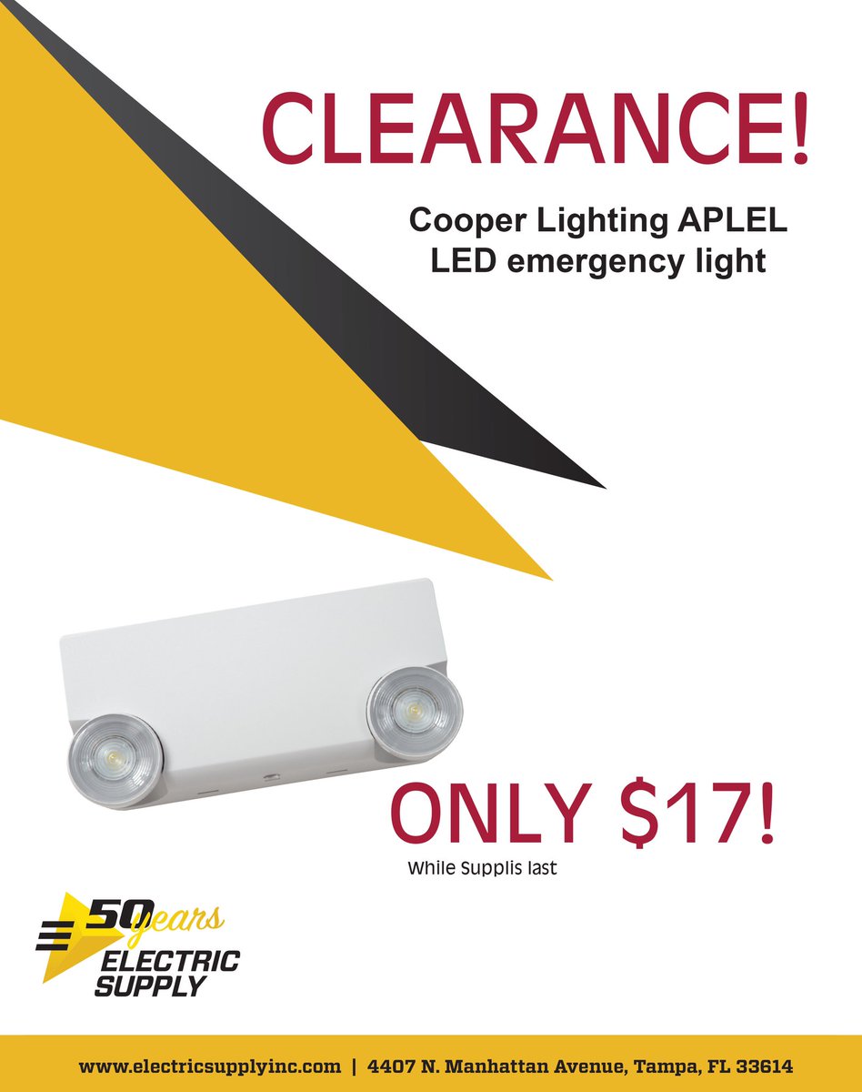 electricsupply_'s tweet image. Check out the APLEL LED emergency light from Cooper Lighting Solutions on sale now for only $17 each. Supplies are limited. Act fast and call us at +1 (813)-872-1894 #cooperlighting #cooperlightingsolutions #electricsupplyinc #electricsupply