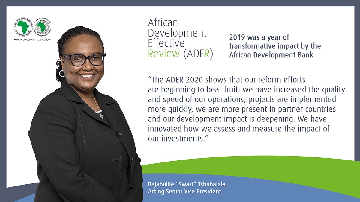 AfDB_Group's tweet photo. "The #ADER2020 report shows that our reform efforts are beginning to bear fruit." - #AFDB Acting Senior Vice President, Bajabulile Tshabalala.
Read the #ADER2020 report here https://t.co/mb9bCmppch https://t.co/XhxBKEy9b8
