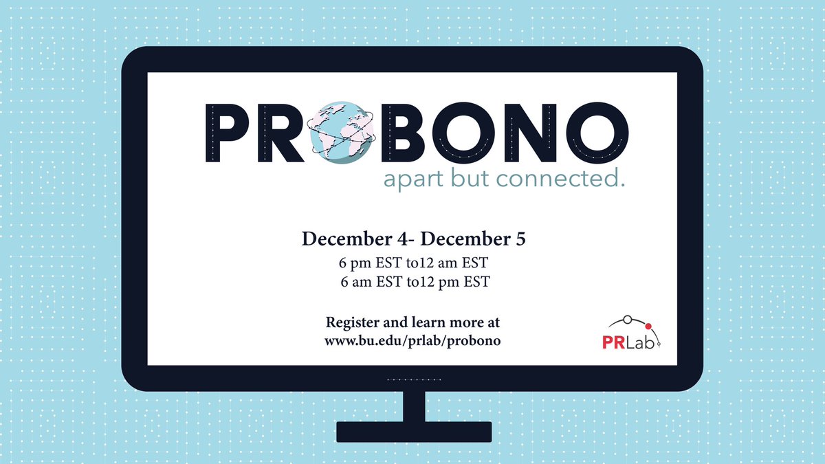PRLab_BU's tweet photo. Be sure to check out PROBONO this year!
••••
We can’t wait to see you 🙌
•
#agency #probono #publicrelations #whyiprlab #BU #commitment #getinvolved #giveback #work #ethics #fun https://t.co/CwUjlVckkT