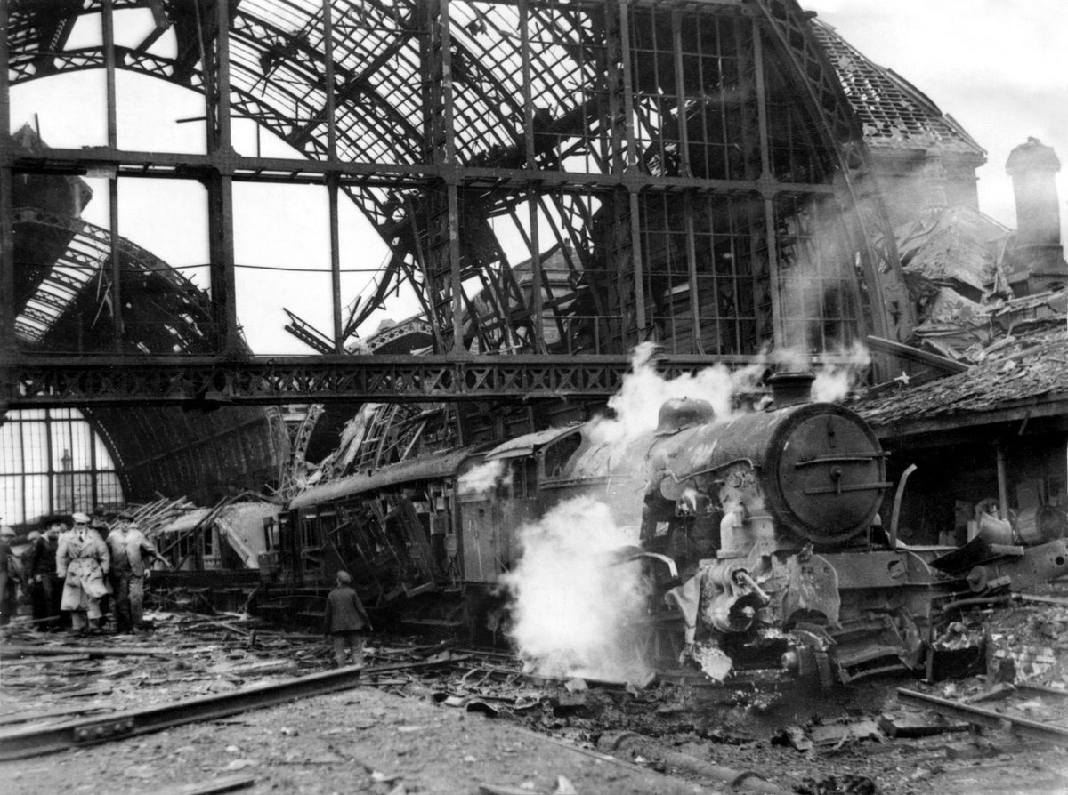 4/ The infamous summer night of 1941 over the north of England battered Middlesbrough Railway Station into a position which resulted in the permanent removal of the overpowering glass canopy.Probably some of the most famous railway photographs of the war.