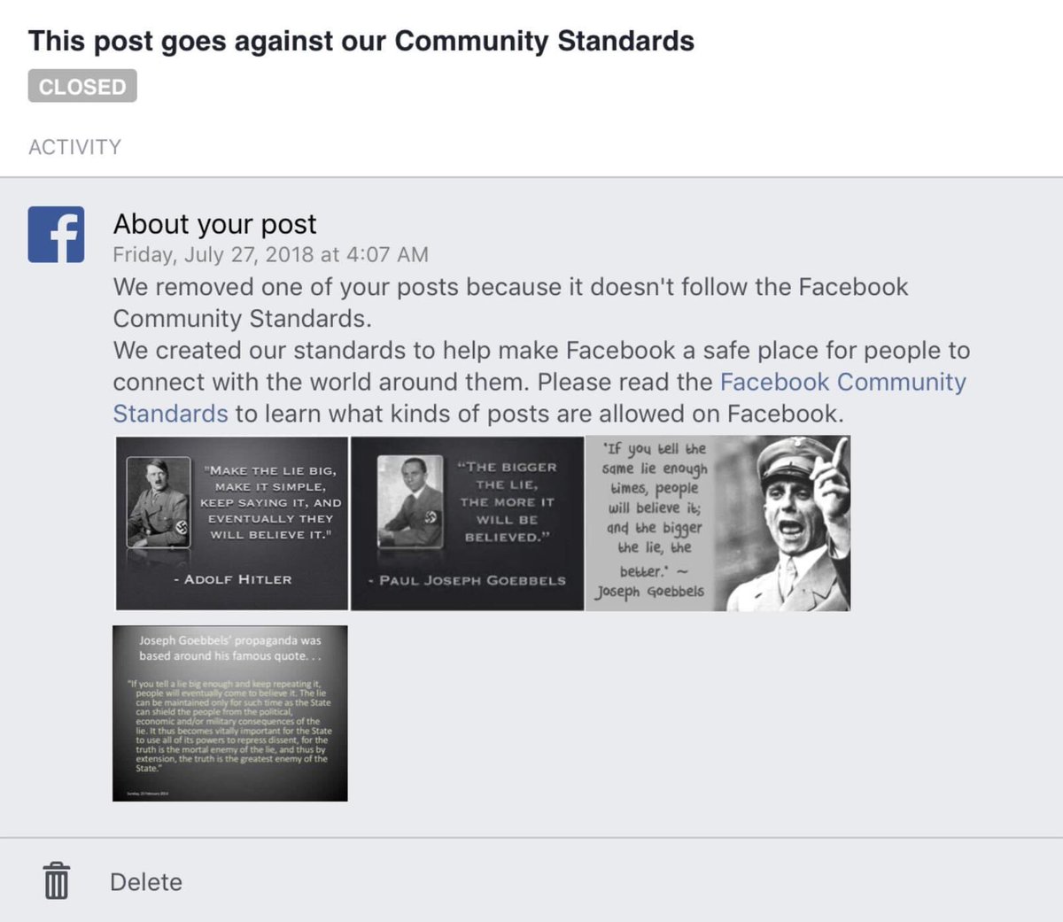 ColoMMJDaily's tweet photo. You mad? Of course you were caught in the act on the 21st century revival of Nazi propaganda techniques but I’m horrible for pointing out your methods. Go fuck yourself. Then you tried to flag the same post right before the 2020 election. Which is a 30 day ban.
Keep goosesteppin. https://t.co/dxYG2VuejX