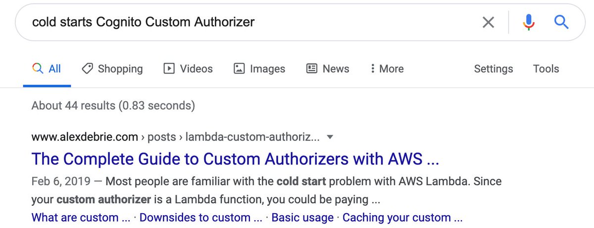 small aside: even a query with a fraction of the above's complexity has very little coverage (44 results!) in this case, AWS has ceded their authority to the omniscient  @alexbdebrie. The Google SERP placement acknowledges that. (it is a very good guide tho)