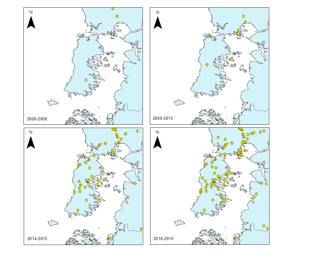 Aca viendo los datos de ciencia Ciudadana de Salvemos Nuestro Abejorro para la isla de Chiloe. El primer reporte de B. terrestris para la isla fue 2008. La siguiente imagen tiene reportes entre 2009-2013. La 3ra tiene los reportes entre 2014-2015 y la ultima fig. entre 2016-2019