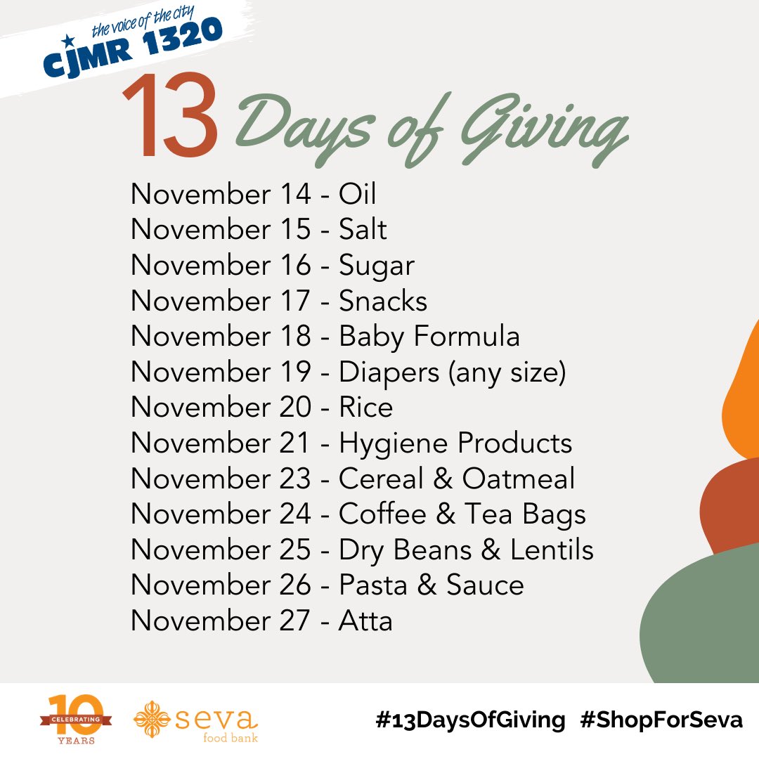 SevaFoodBank's tweet photo. Help us collect our 13 most needed items over the next 13 days!
On Day 7 of our CJMR 1320 Guru Nanak Gurpurab Food Drive, our most needed item is Rice.
#13DaysOfGiving #ShopForSeva https://t.co/1A3xeP4oCs