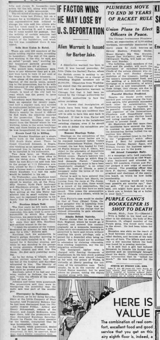 Capone then boasted to the press that he had struck a deal for a two-and-a-half year sentence. This newspaper page is from June 22, 1931. I don't see Capone but I do see the Purple Gang, Barber Jake, and plumber's union racketeering.