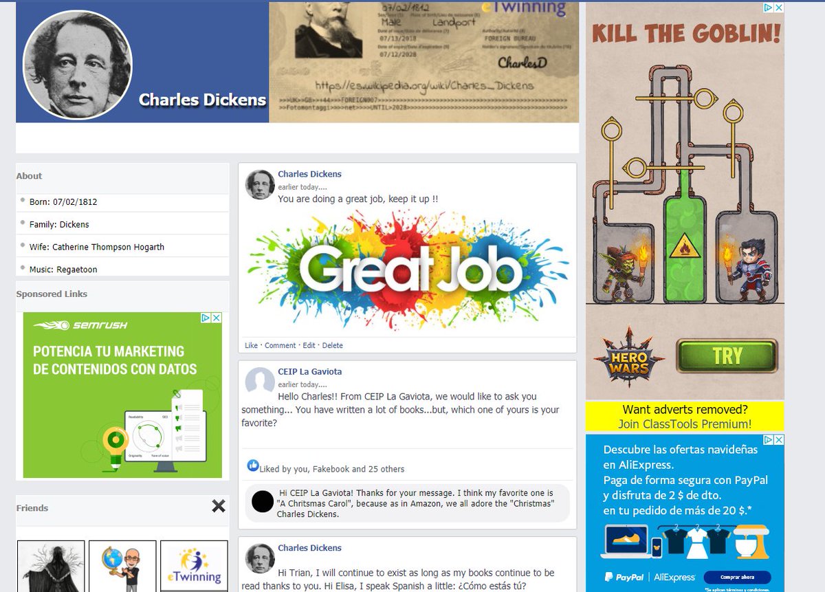 EtwinningF's tweet photo. We have met Charles Dickens in Europe. He will be in charge of assigning us tasks to do on this continent and will give us some clue to find out who has robbed the bank in London. His facebook is amazing!! #eTwinning project #aroundtheworldwitheTwinningFog https://t.co/nPgBpyVJwb