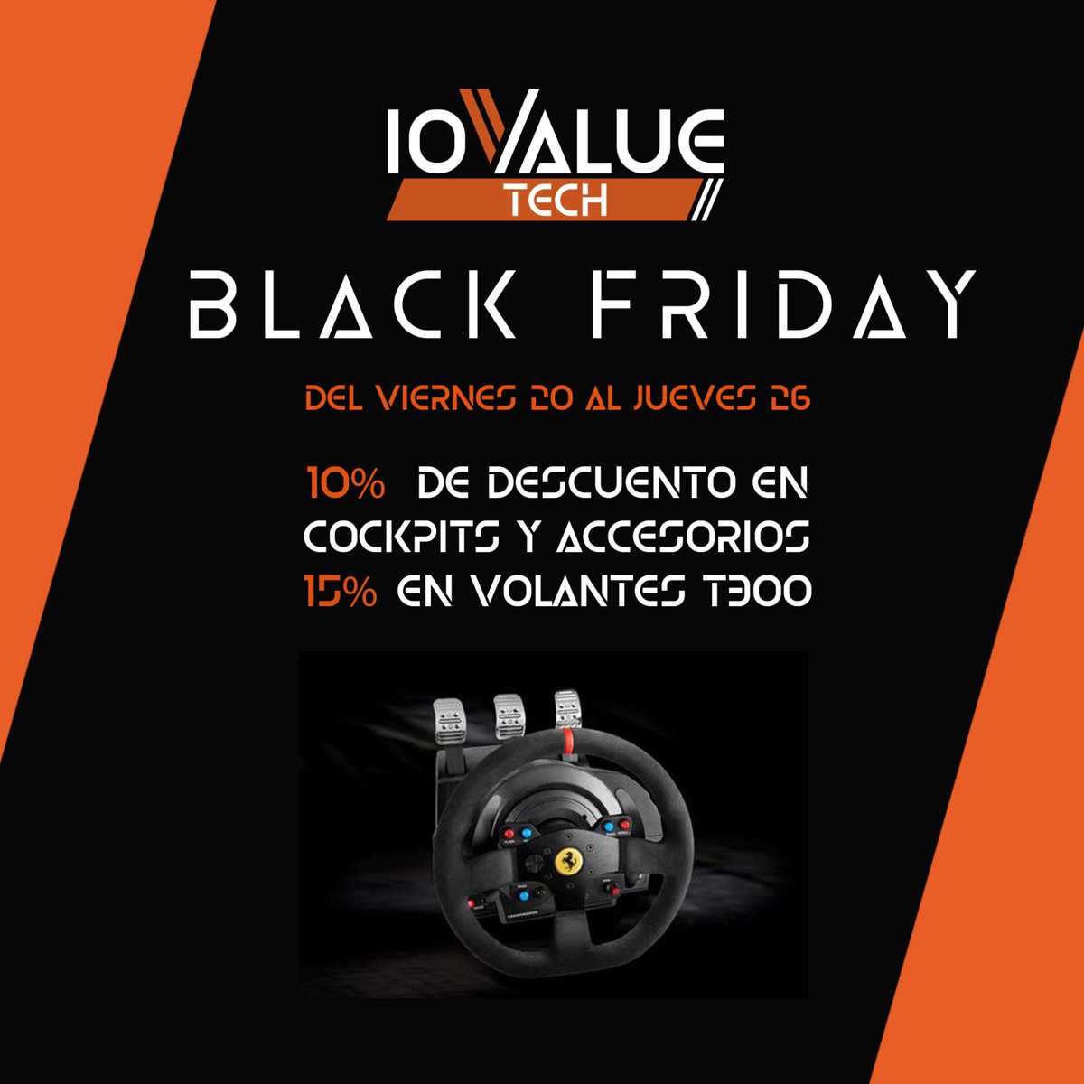iovaluetech's tweet photo. 🖤 ¡Nos anticipamos al Black Friday! 🖤
Desde el día 20 al 26, comienza nuestra semana de descuentos. 
#BlackFriday #Sinracing

🟢10% de descuento en #Cockpits &amp; accesorios.

🟢15% de descuento en volantes T300
https://t.co/YgQmqBitIr https://t.co/9xoHzmdGGA