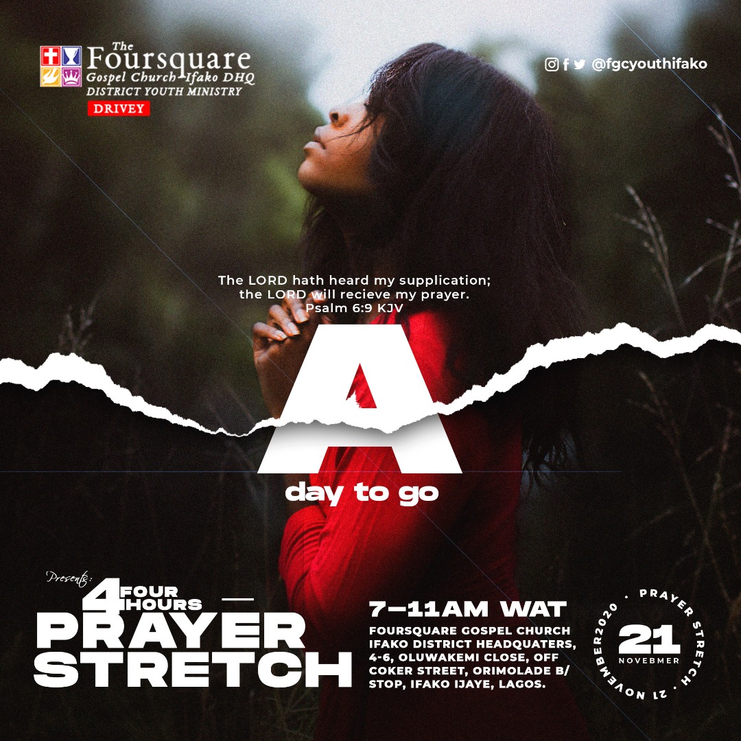 fgcyouthsifako's tweet image. Less than 24 hours to go. Join us tomorrow morning 7 a.m. for prayer stretch.

#PrayerStretch #fgcyouthng #fgcyouthifako