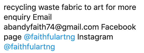 Hernewsdaily's tweet photo. A Nigerian lady @Faithfulartng has shown that things considered worthless could be recycled into something of value. Sharing her paintings made with discarded ankara materials, she is in the business of recycling fabrics into great pieces #blacktechtwitter #BlackBusiness https://t.co/gSRlqDzkHI