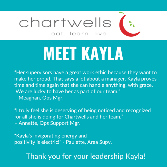 Meet Kayla – one of our #ChartwellsHeroes from the #EastCoast! 

Thank you for your #leadership Kayla!

#feelgoodfriday #thinkingaheadgivingback #students #frontlineheroes Brenda O'Neill