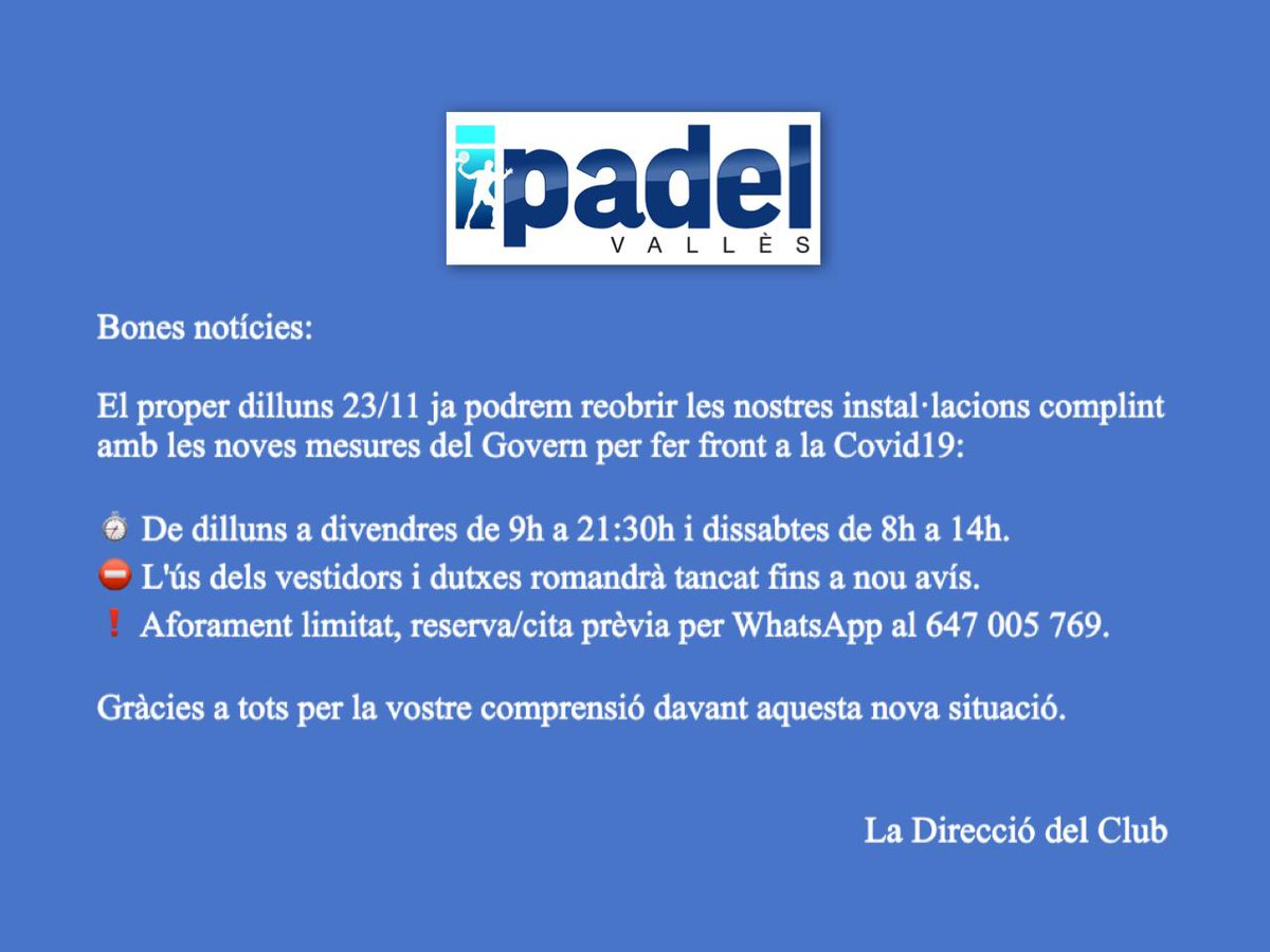 🆕 Reobrim el proper dilluns 23/11

#ipadelvalles #indoorpadel #padel #ligasipadel #escolaipadel #americanasipadel #padelresponsable #padel😷 by @ipadelvalles @dobleparedpadel <a href="/punto/">punto</a>.de.oro_gastrobar