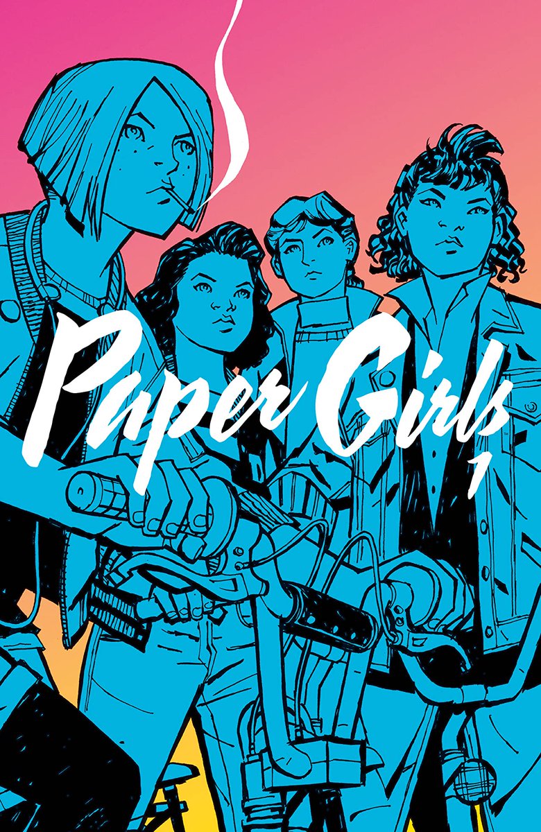 PAPER GIRLS (6 volumes)by Brian K. Vaughan,  @cliffchiang,  @COLORnMATT, and  @jaredkfletcher Teen girls! LGBT rep! Science-fiction! Time travel! Try it if you like Stranger Things! Growing up, having to face their scary future, all while adventuring!